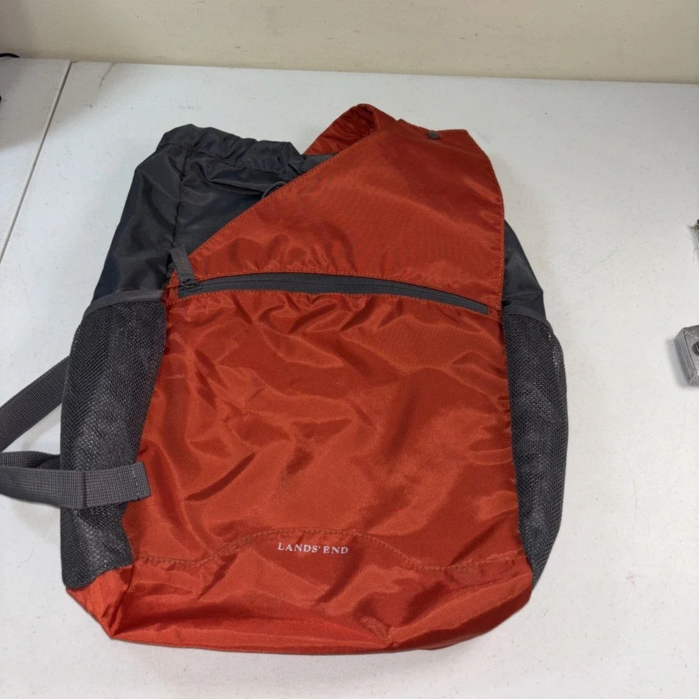Lands End Packable Drawstring Backpack Or Cinch Big Orange Gray One Shoulder Adj